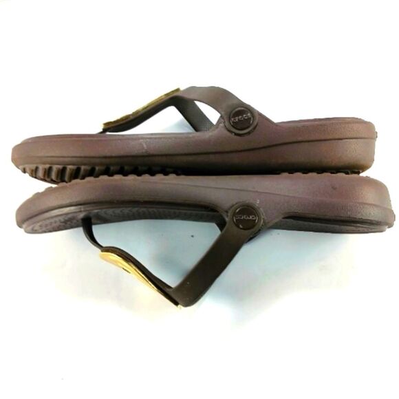 CROCS Women's Thong Sandals in Brown with Gold Accents Size 11 - Picture 9 of 9